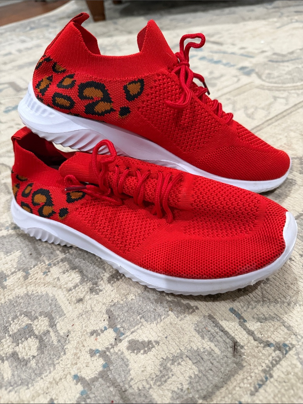 Red Knit Slip-On Sneakers with Leopard Accent - Women's Athletic Shoes